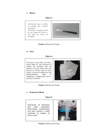 c. Bisturí
Figura 3.
Fuente: Elaboración Propia
d. Gasa
Figura 4.
Fuente: Elaboración Propia
e. Probeta de 100 ml.
Figura 5.
Fuente: Elaboración Propia
Instrumento que se utiliza
en cirugía para realizar
incisiones.
El bisturí a menudo consta
de un mango de hierro y
una hoja de acero no
extraíble.
Una gasa es una malla, con más o
menos hilos (lo cual determina la
calidad del resultado final del
impreso). Existen mallas para este
proceso de muchos tipos de hilos
usados. La gasa de algodón ha sido
tradicionalmente usada en
compresas y vendajes para cubrir y
proteger las heridas.
Instrumento de laboratorio
para medir capacidades
determinadas. Generalmente,
sirve para contener o medir
volúmenes de líquidos de
forma exacta.
 