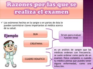 Los exámenes hechos en la sangre o en partes de ésta le
pueden suministrar claves importantes al médico acerca
de su salud.
Ejemplo
BUN
CREATININA
Sirven para evaluar
función renal
CUADRO HEMATICO
es un análisis de sangre que los
médicos ordenan con frecuencia.
se suele ordenar como parte de un
examen físico completo o cuando
tu médico piensa que puedes tener
alguna enfermedad, como una
infección.
 