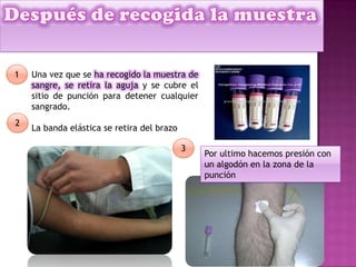  Una vez que se ha recogido la muestra de
sangre, se retira la aguja y se cubre el
sitio de punción para detener cualquier
sangrado.
 La banda elástica se retira del brazo
Por ultimo hacemos presión con
un algodón en la zona de la
punción
1
2
3
 
