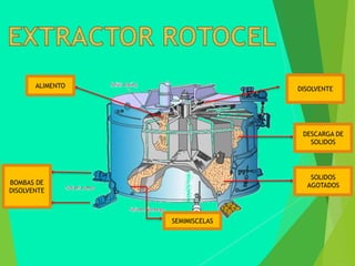 ALIMENTO
DESCARGA DE
SOLIDOS
SOLIDOS
AGOTADOS
SEMIMISCELAS
BOMBAS DE
DISOLVENTE
DISOLVENTE
 