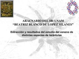 ARACNARIO DEL IBt UNAM
 “BEATRIZ BLANCO DE LOPEZ SILANES”

Extracción y resultados del estudio del veneno de
         distintas especies de tarántulas
 