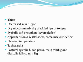  Thirst
 Decreased skin turgor
 Dry mucus memb, dry crackled lips or tongue
 Eyeballs soft or sunken (severe deficit)
 Apprehension & restlessness, coma insevere deficit
 Elevated temperature
 Tachycardia
 Postural systolic blood pressure>15 mmHg and
diastolic fall>10 mm Hg
 
