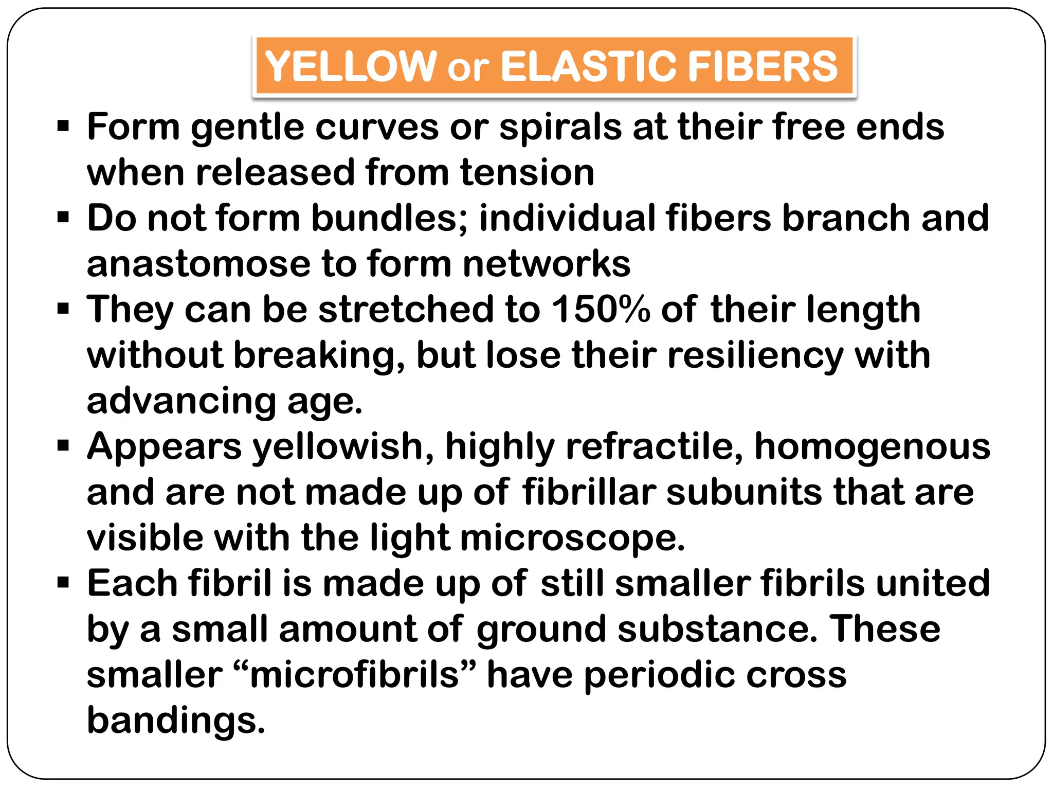 YELLOW or ELASTIC FIBERS
 Form gentle curves or spirals at their free ends
  when released from tension
 Do not form bundles; individual fibers branch and
  anastomose to form networks
 They can be stretched to 150% of their length
  without breaking, but lose their resiliency with
  advancing age.
 Appears yellowish, highly refractile, homogenous
  and are not made up of fibrillar subunits that are
  visible with the light microscope.
 Each fibril is made up of still smaller fibrils united
  by a small amount of ground substance. These
  smaller “microfibrils” have periodic cross
  bandings.
 
