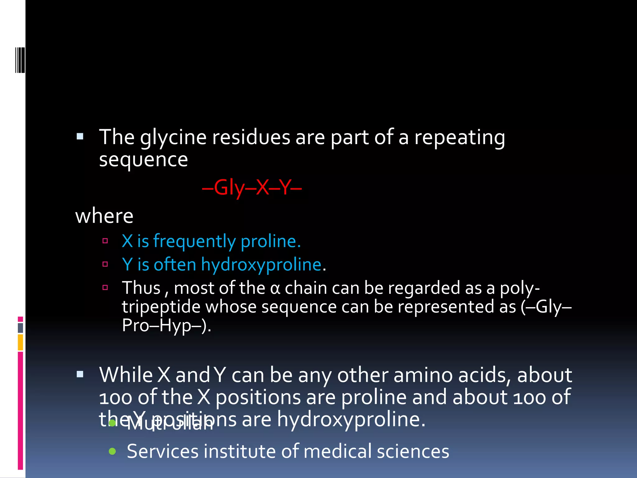 The glycine residues are part of a repeating
sequence
–Gly–X–Y–
where
 X is frequently proline.
 Y is often hydroxyproline.
 Thus , most of the α chain can be regarded as a poly-
tripeptide whose sequence can be represented as (–Gly–
Pro–Hyp–).
 While X andY can be any other amino acids, about
100 of the X positions are proline and about 100 of
theY positions are hydroxyproline. Muti ullah
 Services institute of medical sciences
 