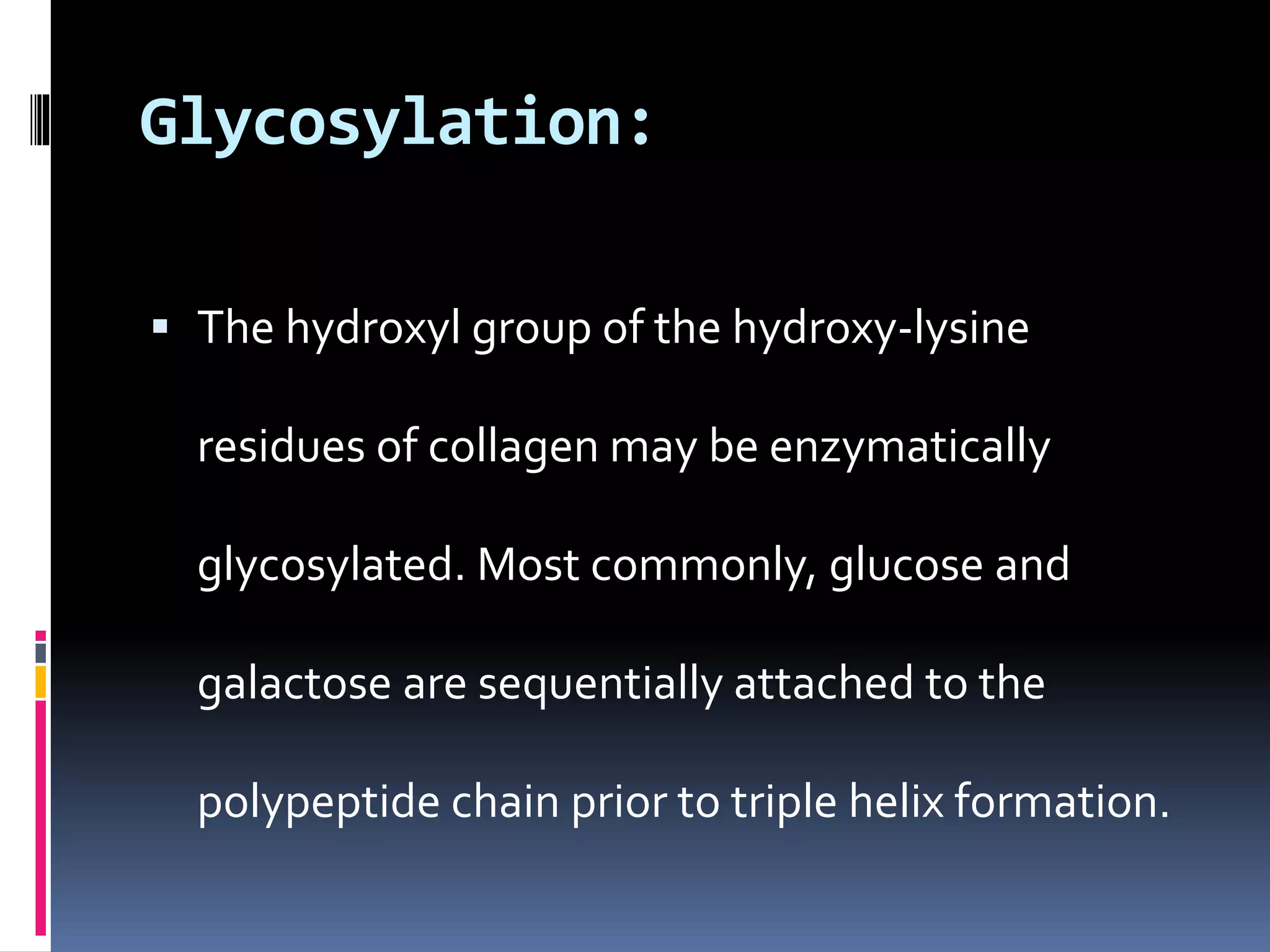 Glycosylation:
 The hydroxyl group of the hydroxy-lysine
residues of collagen may be enzymatically
glycosylated. Most commonly, glucose and
galactose are sequentially attached to the
polypeptide chain prior to triple helix formation.
 