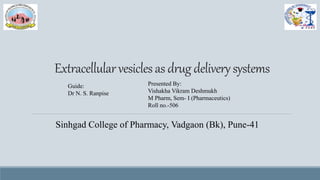 Extracellularvesiclesas drug deliverysystems
Guide:
Dr N. S. Ranpise
Presented By:
Vishakha Vikram Deshmukh
M Pharm, Sem- I (Pharmaceutics)
Roll no.-506
Sinhgad College of Pharmacy, Vadgaon (Bk), Pune-41
 