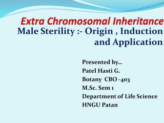 Male Sterility :- Origin , Induction
and Application
Presented by…
Patel Hasti G.
Botany CBO -403
M.Sc. Sem 1
Department of Life Science
HNGU Patan
 