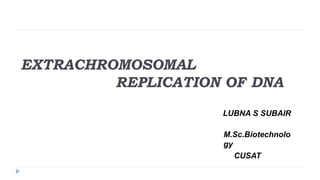 EXTRACHROMOSOMAL
REPLICATION OF DNA
LUBNA S SUBAIR
M.Sc.Biotechnolo
gy
CUSAT
 