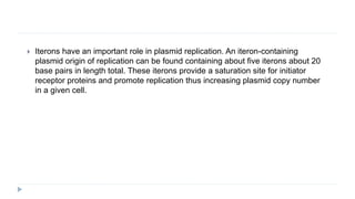  Iterons have an important role in plasmid replication. An iteron-containing
plasmid origin of replication can be found containing about five iterons about 20
base pairs in length total. These iterons provide a saturation site for initiator
receptor proteins and promote replication thus increasing plasmid copy number
in a given cell.
 