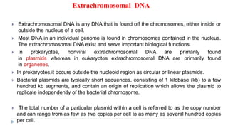 Extrachromosomal DNA
 Extrachromosomal DNA is any DNA that is found off the chromosomes, either inside or
outside the nucleus of a cell.
 Most DNA in an individual genome is found in chromosomes contained in the nucleus.
The extrachromosomal DNA exist and serve important biological functions.
 In prokaryotes, nonviral extrachromosomal DNA are primarily found
in plasmids whereas in eukaryotes extrachromosomal DNA are primarily found
in organelles.
 In prokaryotes,it occurs outside the nucleoid region as circular or linear plasmids.
 Bacterial plasmids are typically short sequences, consisting of 1 kilobase (kb) to a few
hundred kb segments, and contain an origin of replication which allows the plasmid to
replicate independently of the bacterial chromosome.
 The total number of a particular plasmid within a cell is referred to as the copy number
and can range from as few as two copies per cell to as many as several hundred copies
per cell.
 