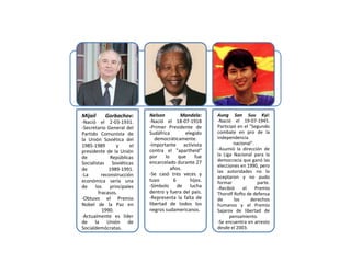 Mijaíl Gorbachov:
-Nació el 2-03-1931.
-Secretario General del
Partido Comunista de
la Unión Soviética del
1985-1989 y el
presidente de la Unión
de Repúblicas
Socialistas Soviéticas
de 1989-1991.
-La reconstrucción
económica sería una
de los principales
fracasos.
-Obtuvo el Premio
Nobel de la Paz en
1990.
-Actualmente es líder
de la Unión de
Socialdemócratas.
Nelson Mandela:
-Nació el 18-07-1918
-Primer Presidente de
Sudáfrica elegido
democráticamente.
-Importante activista
contra el "apartheid"
por lo que fue
encarcelado durante 27
años.
-Se casó tres veces y
tuvo 6 hijos.
-Símbolo de lucha
dentro y fuera del país.
-Representa la falta de
libertad de todos los
negros sudamericanos.
Aung San Suu Kyi:
-Nació el 19-07-1945.
Participó en el "Segundo
combate en pro de la
independencia
nacional".
-Asumió la dirección de
la Liga Nacional para la
democracia que ganó las
elecciones en 1990, pero
las autoridades no lo
aceptaron y no pudo
formar parte.
-Recibió el Premio
Thorolf Rofto de defensa
de los derechos
humanos y el Premio
Sajarov de libertad de
pensamiento.
-Se encuentra en arresto
desde el 2003.
 