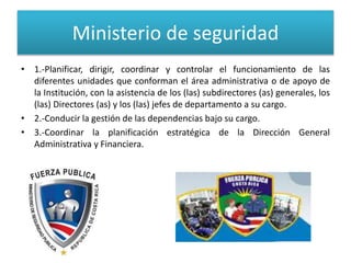Ministerio de seguridad
• 1.-Planificar, dirigir, coordinar y controlar el funcionamiento de las
diferentes unidades que conforman el área administrativa o de apoyo de
la Institución, con la asistencia de los (las) subdirectores (as) generales, los
(las) Directores (as) y los (las) jefes de departamento a su cargo.
• 2.-Conducir la gestión de las dependencias bajo su cargo.
• 3.-Coordinar la planificación estratégica de la Dirección General
Administrativa y Financiera.
 