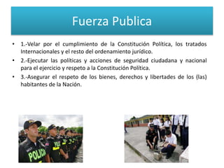 Fuerza Publica
• 1.-Velar por el cumplimiento de la Constitución Política, los tratados
Internacionales y el resto del ordenamiento jurídico.
• 2.-Ejecutar las políticas y acciones de seguridad ciudadana y nacional
para el ejercicio y respeto a la Constitución Política.
• 3.-Asegurar el respeto de los bienes, derechos y libertades de los (las)
habitantes de la Nación.
 