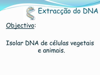 Extracção do DNA

Objectivo:

Isolar DNA de células vegetais
          e animais.
 