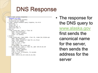 DNS Response
• The response for
the DNS query to
www.alaska.gov
first sends the
canonical name
for the server,
then sends the
address for the
server
 