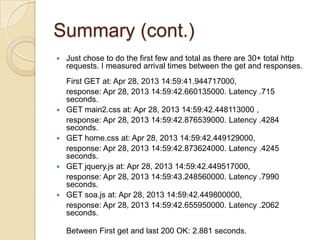 Summary (cont.)
 Just chose to do the first few and total as there are 30+ total http
requests. I measured arrival times between the get and responses.
First GET at: Apr 28, 2013 14:59:41.944717000,
response: Apr 28, 2013 14:59:42.660135000. Latency .715
seconds.
 GET main2.css at: Apr 28, 2013 14:59:42.448113000 ,
response: Apr 28, 2013 14:59:42.876539000. Latency .4284
seconds.
 GET home.css at: Apr 28, 2013 14:59:42.449129000,
response: Apr 28, 2013 14:59:42.873624000. Latency .4245
seconds.
 GET jquery.js at: Apr 28, 2013 14:59:42.449517000,
response: Apr 28, 2013 14:59:43.248560000. Latency .7990
seconds.
 GET soa.js at: Apr 28, 2013 14:59:42.449800000,
response: Apr 28, 2013 14:59:42.655950000. Latency .2062
seconds.
Between First get and last 200 OK: 2.881 seconds.
 