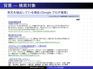 背景 — 検索対象
本文を抽出している場合 (Google ブログ検索)
伊奈 林太郎 (id:tarao) HTML からの本文抽出
 