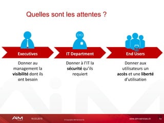 18.03.2015 www.aim-services.ch 10
Quelles sont les attentes ?
10
IT DepartmentExecutives End Users
Donner à l’IT la
sécurité qu’ils
requiert
Donner au
management la
visibilité dont ils
ont besoin
Donner aux
utilisateurs un
accès et une liberté
d’utilisation
 