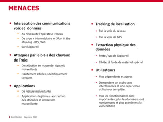 MENACES
Interception des communications
voix et données
 Au niveau de l'opérateur réseau
 De type « Intermédiaire » (Man in the
Middle) - BTS, Wifi
 Sur l'appareil
Attaques par le biais des chevaux
de Troie
 Distribution en masse de logiciels
malveillants
 Hautement ciblées, spécifiquement
conçues
Applications
 De nature malveillante
 Applications légitimes - extraction
des données et utilisation
malveillante
Confidentiel - Kaymera 2013
Tracking de localisation
▪ Par la voie du réseau
▪ Par la voie de GPS
Extraction physique des
données
▪ Perte / vol de l’appareil
▪ Ciblée, à l’aide de matériel spécial
Utilisateurs
▪ Plus dépendants et accros
▪ Demandent un accès sans
interférences et une expérience
utilisateur complète.
▪ Plus les fonctionnalités sont
importantes, plus les données sont
nombreuses et plus grande est la
vulnérabilité
 