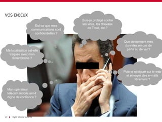 VOS ENJEUX
22
Ma localisation est-elle
traquée avec mon
Smartphone ?
Que deviennent mes
données en cas de
perte ou de vol ?
Puis-je naviguer sur le web
et envoyer des e-mails
librement ?
Est-ce que mes
communications sont
confidentielles ?
Suis-je protégé contre
les virus, les chevaux
de Troie, etc.?
Right Mobile Security
Mon opérateur
télécom mobile est-il
digne de confiance ?
 