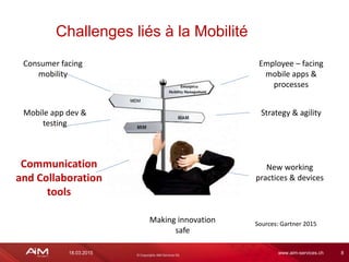 18.03.2015 www.aim-services.ch 8
Challenges liés à la Mobilité
Consumer facing
mobility
Mobile app dev &
testing
Communication
and Collaboration
tools
Employee – facing
mobile apps &
processes
Making innovation
safe
Strategy & agility
New working
practices & devices
Sources: Gartner 2015
 