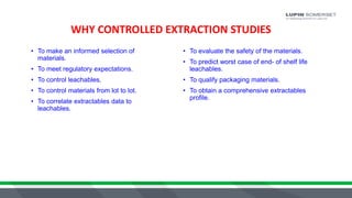 WHY CONTROLLED EXTRACTION STUDIES
• To make an informed selection of
materials.
• To meet regulatory expectations.
• To control leachables.
• To control materials from lot to lot.
• To correlate extractables data to
leachables.
• To evaluate the safety of the materials.
• To predict worst case of end- of shelf life
leachables.
• To qualify packaging materials.
• To obtain a comprehensive extractables
profile.
 