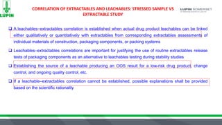 CORRELATION OF EXTRACTABLES AND LEACHABLES: STRESSED SAMPLE VS
EXTRACTABLE STUDY
 A leachables–extractables correlation is established when actual drug product leachables can be linked
either qualitatively or quantitatively with extractables from corresponding extractables assessments of
individual materials of construction, packaging components, or packing systems
 Leachables–extractables correlations are important for justifying the use of routine extractables release
tests of packaging components as an alternative to leachables testing during stability studies
 Establishing the source of a leachable producing an OOS result for a low-risk drug product, change
control, and ongoing quality control, etc.
 If a leachable–extractables correlation cannot be established, possible explanations shall be provided
based on the scientific rationality
 