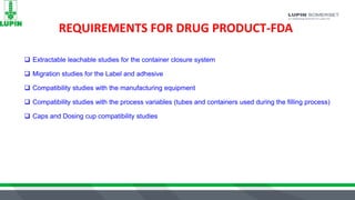 REQUIREMENTS FOR DRUG PRODUCT-FDA
 Extractable leachable studies for the container closure system
 Migration studies for the Label and adhesive
 Compatibility studies with the manufacturing equipment
 Compatibility studies with the process variables (tubes and containers used during the filling process)
 Caps and Dosing cup compatibility studies
 