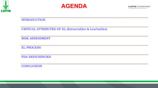 AGENDA
INTRODUCTION
CRITICAL ATTRIBUTES OF EL (Extractables & Leachables)
RISK ASSESSMENT
EL PROCESS
FDA DEFICIENCIES
CONCLUSION
 