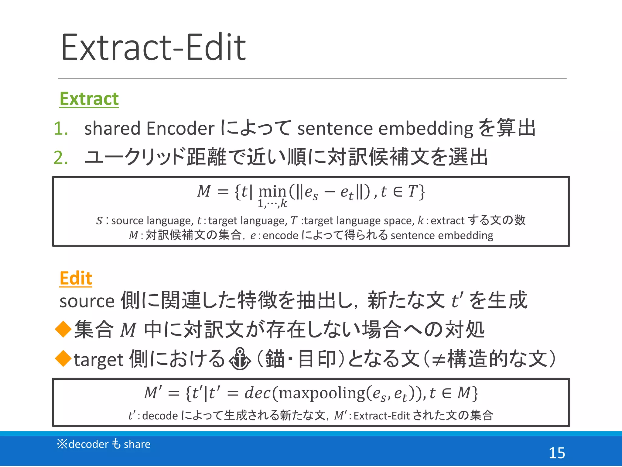 15
Extract-Edit
Extract
1. shared Encoder によって sentence embedding を算出
2. ユークリッド距離で近い順に対訳候補文を選出
𝑀 = {𝑡| min
1,⋯,𝑘
𝑒𝑠 − 𝑒𝑡 , 𝑡 ∈ 𝑇}
𝑠：source language, 𝑡：target language, 𝑇 :target language space, 𝑘：extract する文の数
𝑀：対訳候補文の集合，𝑒：encode によって得られる sentence embedding
Edit
source 側に関連した特徴を抽出し，新たな文 𝑡′ を生成
◆集合 𝑀 中に対訳文が存在しない場合への対処
◆target 側における⚓（錨・目印）となる文（≠構造的な文）
𝑀′ = {𝑡′|𝑡′ = 𝑑𝑒𝑐(maxpooling 𝑒𝑠, 𝑒𝑡 ), 𝑡 ∈ 𝑀}
𝑡′：decode によって生成される新たな文，𝑀′：Extract-Edit された文の集合
※decoder も share
 