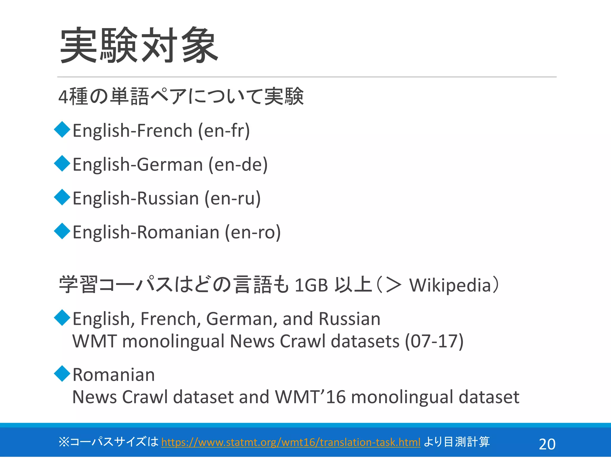 20
実験対象
4種の単語ペアについて実験
◆English-French (en-fr)
◆English-German (en-de)
◆English-Russian (en-ru)
◆English-Romanian (en-ro)
学習コーパスはどの言語も 1GB 以上（＞ Wikipedia）
◆English, French, German, and Russian
WMT monolingual News Crawl datasets (07-17)
◆Romanian
News Crawl dataset and WMT’16 monolingual dataset
※コーパスサイズは https://www.statmt.org/wmt16/translation-task.html より目測計算
 
