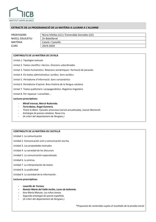 EXTRACTE DE LA PROGRAMACIÓ DE LA MATÈRIA A LLIURAR A L’ALUMNE
PROFESSORS Núria Vilellas (LC) / Esmeralda González (LE)
NIVELL EDUCATIU 2n Batxillerat
MATÈRIA Català i Castellà
CURS 2019-2020
CONTINGUTS DE LA MATÈRIA DE CATALÀ
Unitat 1. Tipologies textuals
Unitat 2. Textos científics i tècnics. Oracions subordinades
Unitat 3. Textos humanístics. Relacions semàntiques i formació de paraules
Unitat 4. Els textos administratius i jurídics. Sons vocàlics
Unitat 5. Periodisme d’informació. Sons consonàntics
Unitat 6. Periodisme d’opinió. Breu història de la llengua catalana
Unitat 7. Textos publicitaris i propagandístics. Registres lingüístics
Unitat 8. Per repassar i consolidar...
Lectures prescriptives:
- Mirall trencat, Mercè Rodoreda.
- Terra Baixa, Àngel Guimerà.
- Tirant lo Blanc. Episodis amorosos (versió actualitzada), Joanot Martorell.
- Antologia de poesia catalana. Nova tria.
- (A criteri del departament de llengües.)
CONTINGUTS DE LA MATÈRIA DE CASTELLÀ
Unidad 1. La comunicación
Unidad 2. Comunicación oral y comunicación escrita.
Unidad 3. Las propiedades textuales
Unidad 4. La variedad de los discursos
Unidad 5. La comunicación especializada.
Unidad 6. La prensa.
Unidad 7. La interpretación de textos
Unidad 8. La publicidad
Unidad 9. La sociedad de la información.
Lecturas prescriptivas:
- Lazarillo de Tormes.
- Ramón María del Valle-Inclán, Luces de bohemia.
- Ana María Matute, Los niños tontos.
- Segunda antología de poesía española.
- (A criteri del departament de llengües.)
*Propuesta de contenidos sujeta al resultado de la prueba inicial
 