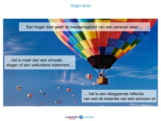 Hoger doel



          Een hoger doel geeft de bestaansgrond van een persoon weer …




… het is meer dan een simpele
slogan of een welluidend statement …




                                       … het is een diepgaande reflectie
                                       van wat de essentie van een persoon is!



                                                                            8
 