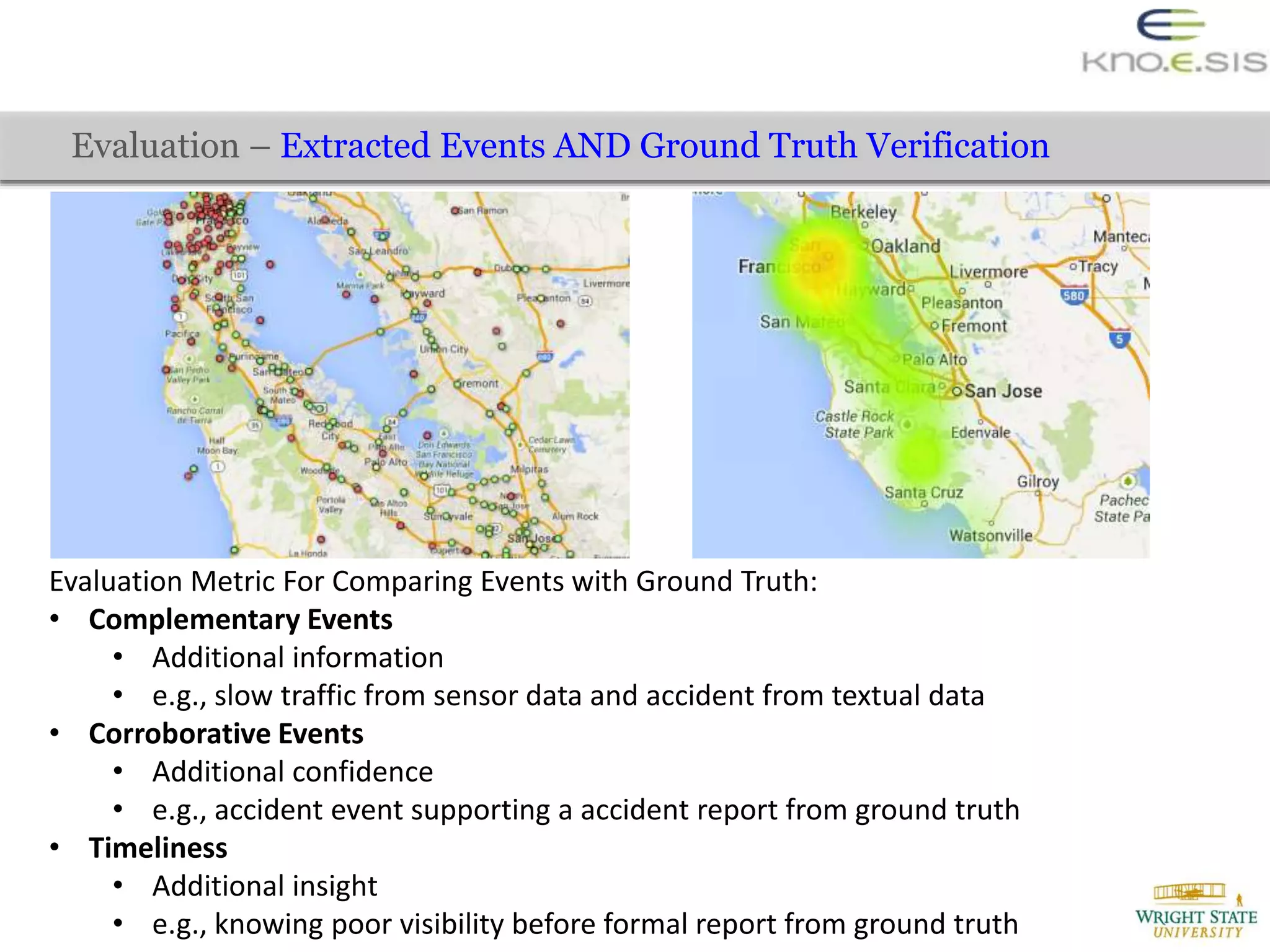 Evaluation – Extracted Events AND Ground Truth Verification
Evaluation Metric For Comparing Events with Ground Truth:
• Complementary Events
• Additional information
• e.g., slow traffic from sensor data and accident from textual data
• Corroborative Events
• Additional confidence
• e.g., accident event supporting a accident report from ground truth
• Timeliness
• Additional insight
• e.g., knowing poor visibility before formal report from ground truth
 