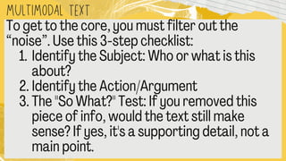 MULTIMODAL text
To get to the core, you must filter out the
“noise”. Use this 3
-step checklist:
1.Identify the Subject: Who or what is this
about?
2.Identify the Action/Argument
3.The "So What?" Test: If you removed this
piece of info, would the text still make
sense? If yes, it's a supporting detail, not a
main point.
 