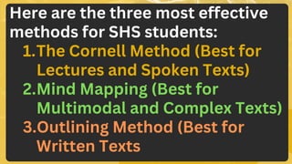 Here are the three most effective
methods for SHS students:
1.The Cornell Method (Best for
Lectures and Spoken Texts)
2.Mind Mapping (Best for
Multimodal and Complex Texts)
3.Outlining Method (Best for
Written Texts
 