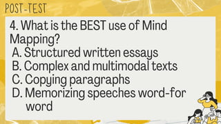 POST
-TEST
4. What is the BEST use of Mind
Mapping?
A. Structured written essays
B. Complex and multimodal texts
C. Copying paragraphs
D. Memorizing speeches word
-for
word
 