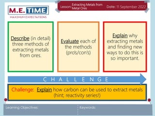 Extracting Metals from
Metal Ores 11 September 2022
Describe (in detail)
three methods of
extracting metals
from ores.
Evaluate each of
the methods
(pro’s/con’s)
Explain why
extracting metals
and finding new
ways to do this is
so important.
Challenge: Explain how carbon can be used to extract metals
(hint; reactivity series!)
C H A L L E N G E
 