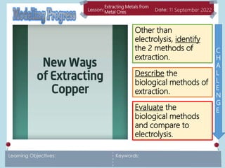 Extracting Metals from
Metal Ores 11 September 2022
Other than
electrolysis, identify
the 2 methods of
extraction.
Describe the
biological methods of
extraction.
Evaluate the
biological methods
and compare to
electrolysis.
C
H
A
L
L
E
N
G
E
 