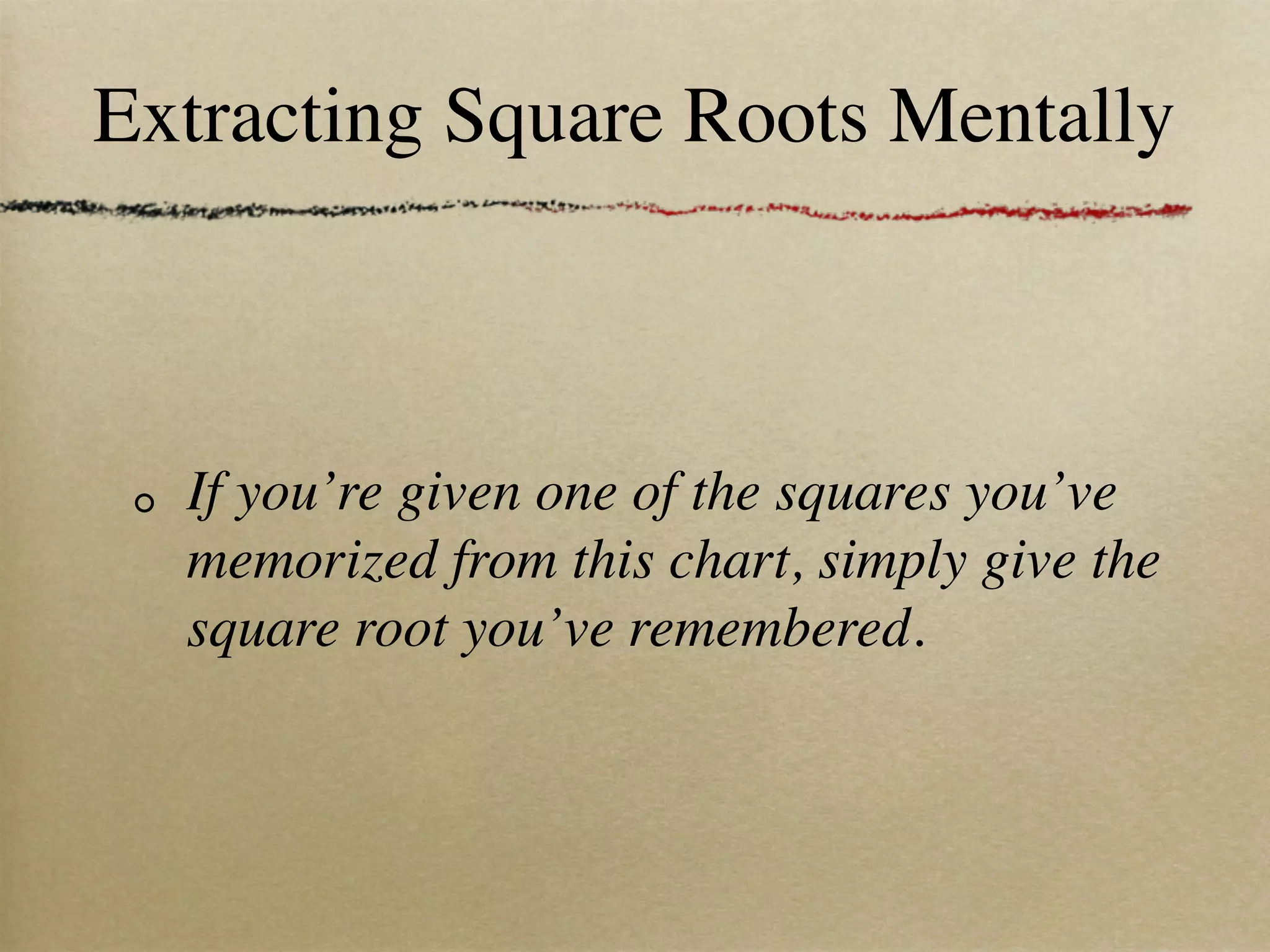 Extracting Square Roots Mentally



  If you’re given one of the squares you’ve
  memorized from this chart, simply give the
  square root you’ve remembered.
 