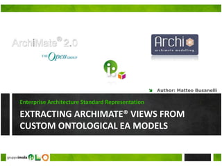    Author: Matteo Busanelli

Enterprise Architecture Standard Representation

EXTRACTING ARCHIMATE® VIEWS FROM
CUSTOM ONTOLOGICAL EA MODELS
 