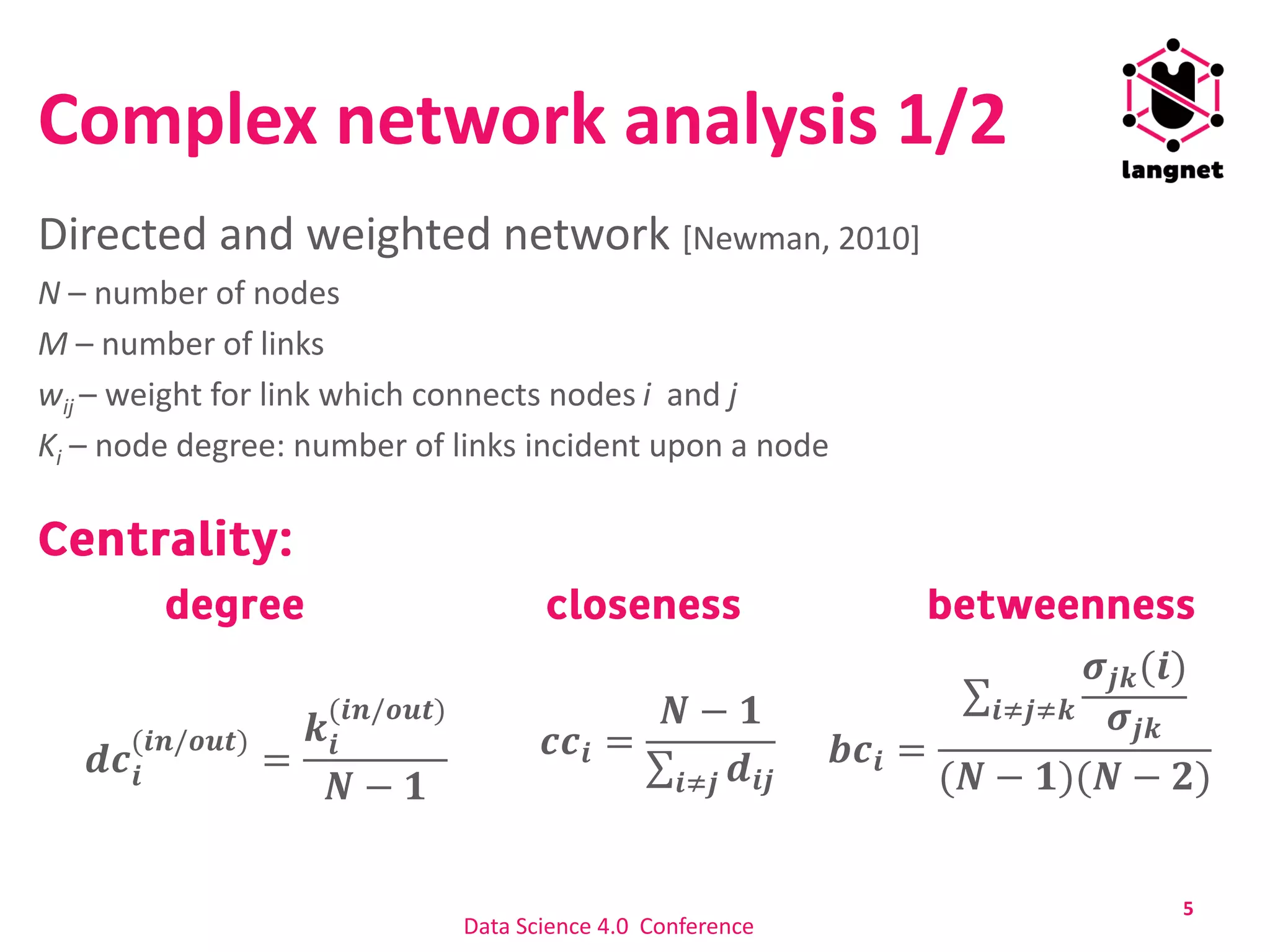 Complex network analysis 1/2
Directed and weighted network [Newman, 2010]
N – number of nodes
M – number of links
wij – weight for link which connects nodes i and j
Ki – node degree: number of links incident upon a node
5
𝒅𝒄𝒊
(𝒊𝒏/𝒐𝒖𝒕)
=
𝒌𝒊
(𝒊𝒏/𝒐𝒖𝒕)
𝑵 − 𝟏
𝒄𝒄𝒊 =
𝑵 − 𝟏
σ𝒊≠𝒋 𝒅𝒊𝒋
𝒃𝒄𝒊 =
σ𝒊≠𝒋≠𝒌
𝝈𝒋𝒌(𝒊)
𝝈𝒋𝒌
(𝑵 − 𝟏)(𝑵 − 𝟐)
Data Science 4.0 Conference
 