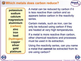 © Boardworks Ltd 2006
12 of 27
Which metals does carbon reduce?
A metal can be reduced by carbon if it
is less reactive than carbon and so
appears below carbon in the reactivity
series.
Using the reactivity series, can you name
a metal that cannot be extracted from its
ore using carbon?
If a metal is more reactive than carbon,
other chemical reactions and processes
must be used in its extraction.
Certain metals, such as iron, can be
only be reduced using carbon if they
are heated at very high temperatures.
potassium
sodium
calcium
magnesium
aluminium
zinc
iron
copper
gold
lead
silver
(carbon)
(hydrogen)
platinum
 