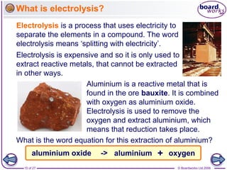 © Boardworks Ltd 2006
15 of 27
What is electrolysis?
Electrolysis is a process that uses electricity to
separate the elements in a compound. The word
electrolysis means ‘splitting with electricity’.
Electrolysis is expensive and so it is only used to
extract reactive metals, that cannot be extracted
in other ways.
Aluminium is a reactive metal that is
found in the ore bauxite. It is combined
with oxygen as aluminium oxide.
Electrolysis is used to remove the
oxygen and extract aluminium, which
means that reduction takes place.
What is the word equation for this extraction of aluminium?
aluminium oxide aluminium oxygen
-> +
 