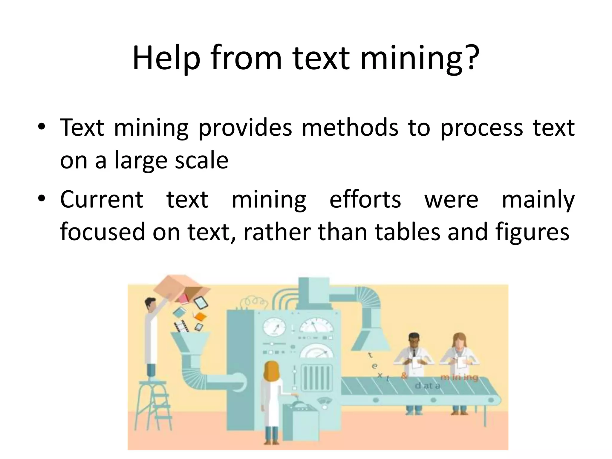 Help from text mining?
• Text mining provides methods to process text
on a large scale
• Current text mining efforts were mainly
focused on text, rather than tables and figures
 