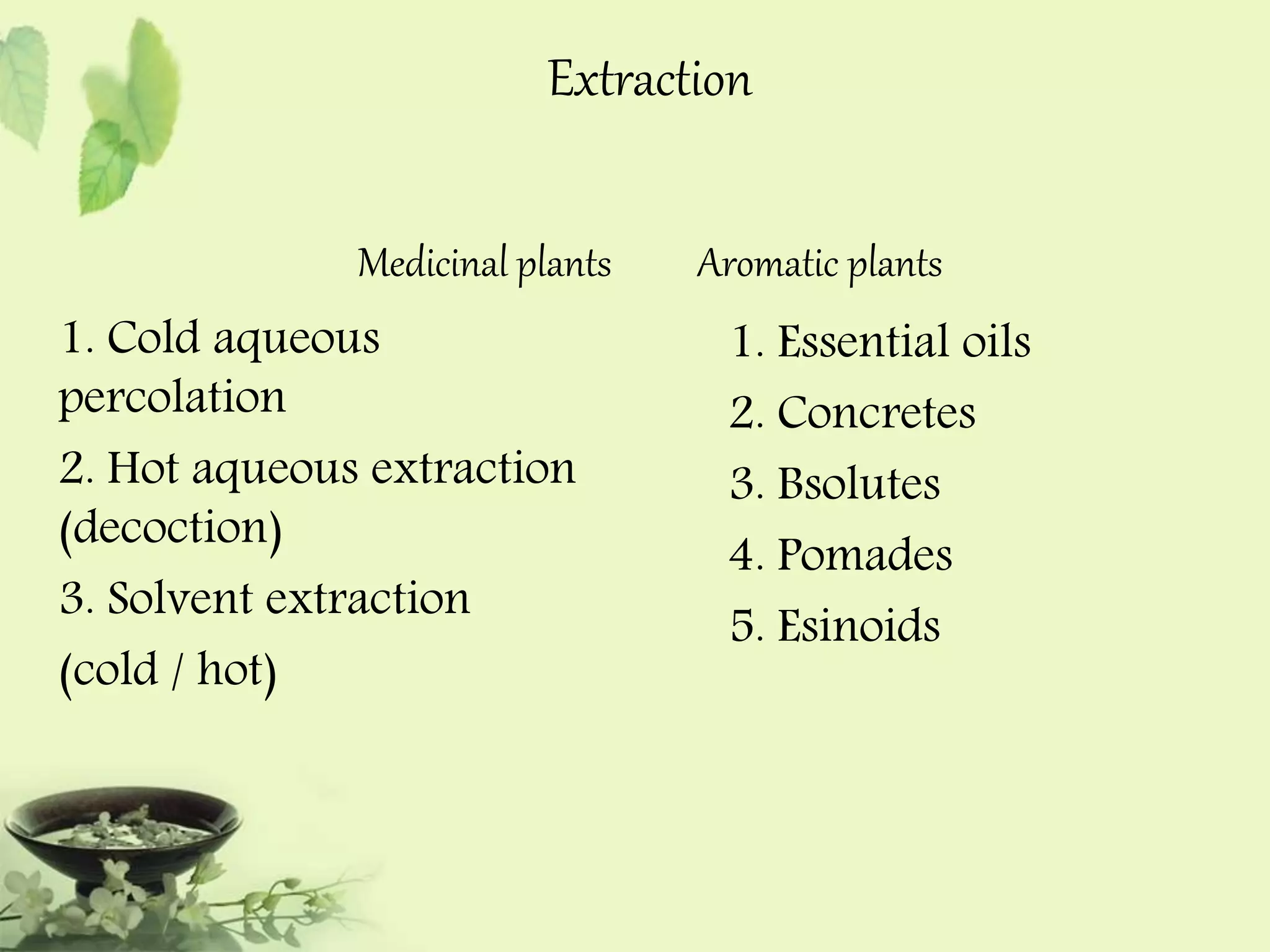Extraction 
Medicinal plants Aromatic plants 
1. Cold aqueous 
percolation 
2. Hot aqueous extraction 
(decoction) 
3. Solvent extraction 
(cold / hot) 
1. Essential oils 
2. Concretes 
3. Bsolutes 
4. Pomades 
5. Esinoids 
 