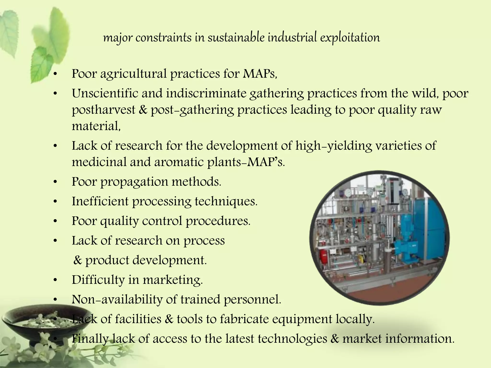 major constraints in sustainable industrial exploitation 
• Poor agricultural practices for MAPs, 
• Unscientific and indiscriminate gathering practices from the wild, poor 
postharvest & post-gathering practices leading to poor quality raw 
material, 
• Lack of research for the development of high-yielding varieties of 
medicinal and aromatic plants-MAP’s. 
• Poor propagation methods. 
• Inefficient processing techniques. 
• Poor quality control procedures. 
• Lack of research on process 
& product development. 
• Difficulty in marketing. 
• Non-availability of trained personnel. 
• Lack of facilities & tools to fabricate equipment locally. 
• Finally lack of access to the latest technologies & market information. 
 
