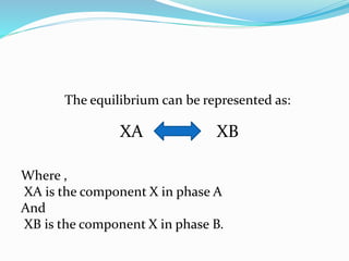 The equilibrium can be represented as:
XA XB
Where ,
XA is the component X in phase A
And
XB is the component X in phase B.
 