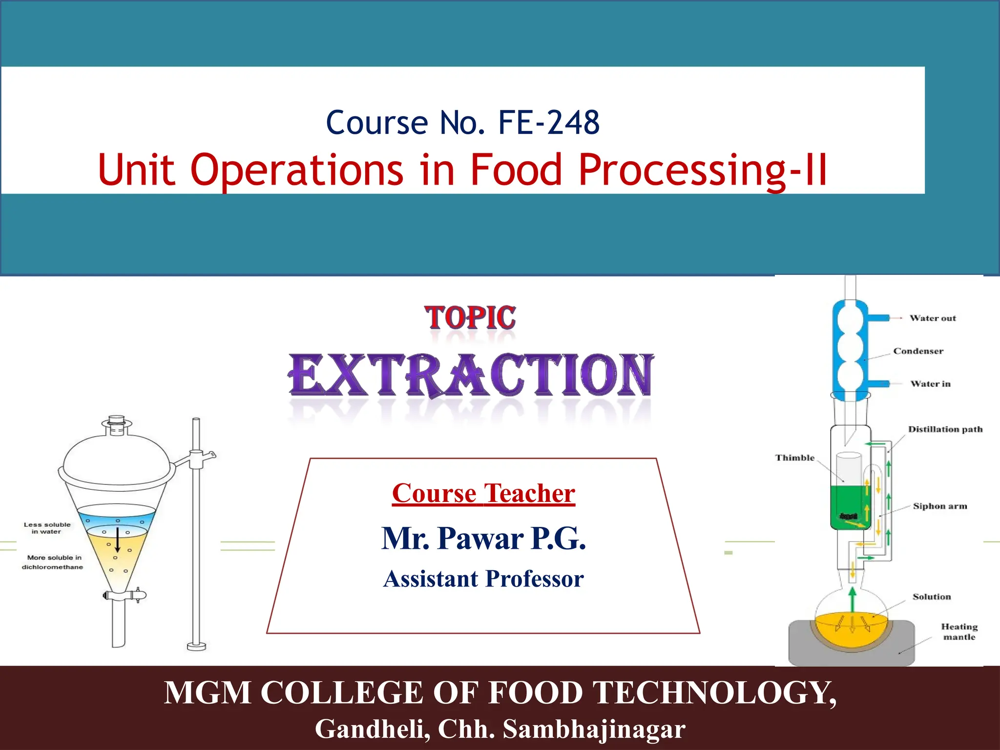 Course No. FE-248
Unit Operations in Food Processing-II
Course Teacher
Mr. Pawar P.G.
Assistant Professor
MGM COLLEGE OF FOOD TECHNOLOGY,
Gandheli, Chh. Sambhajinagar
 
