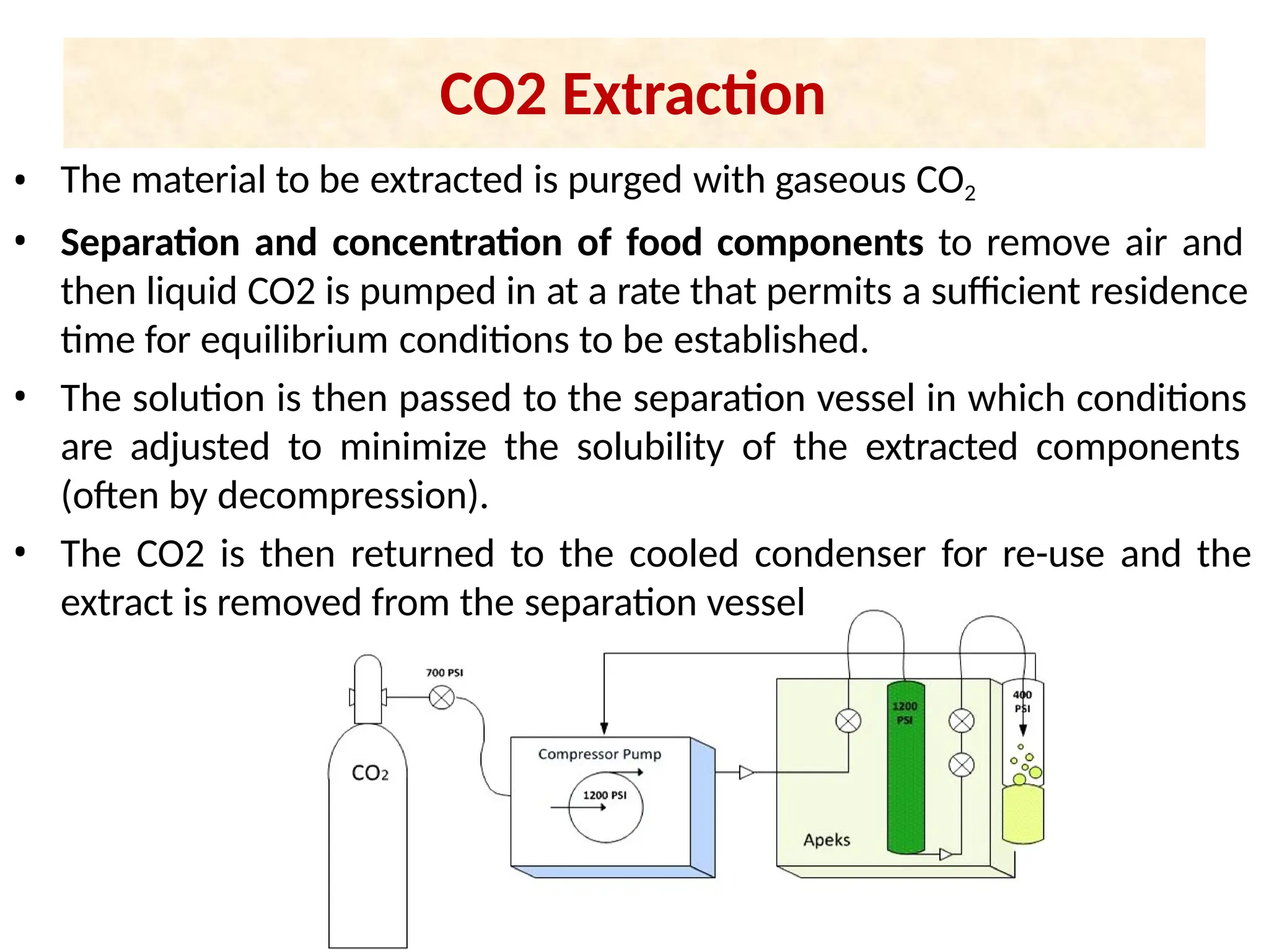 CO2 Extraction
• The material to be extracted is purged with gaseous CO2
• Separation and concentration of food components to remove air and
then liquid CO2 is pumped in at a rate that permits a sufficient residence
time for equilibrium conditions to be established.
• The solution is then passed to the separation vessel in which conditions
are adjusted to minimize the solubility of the extracted components
(often by decompression).
• The CO2 is then returned to the cooled condenser for re-use and the
extract is removed from the separation vessel
 